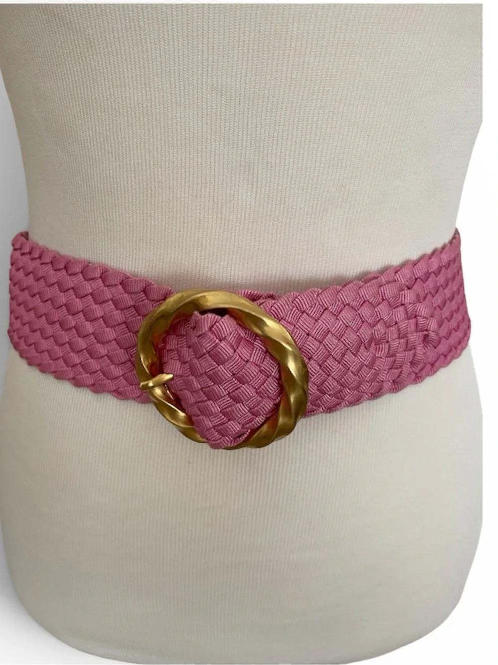 Vintage Pink Braided Stretch Belt with Gold Twisted Round Buckle made in Spain